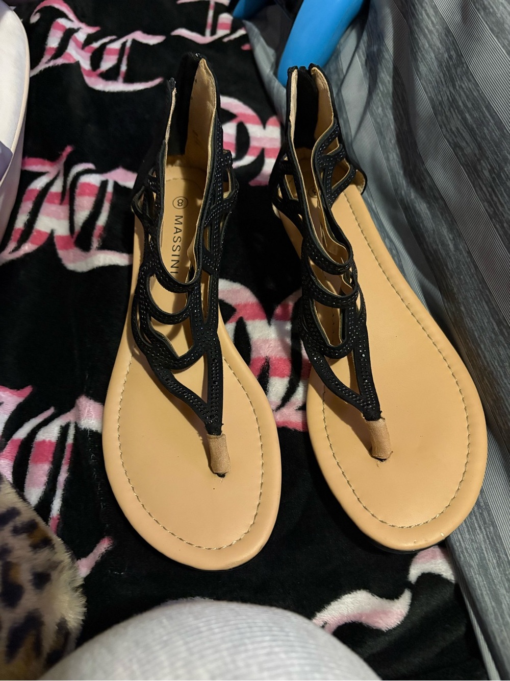 Massini Black Strappy Thong Sandals with Tan Footbed